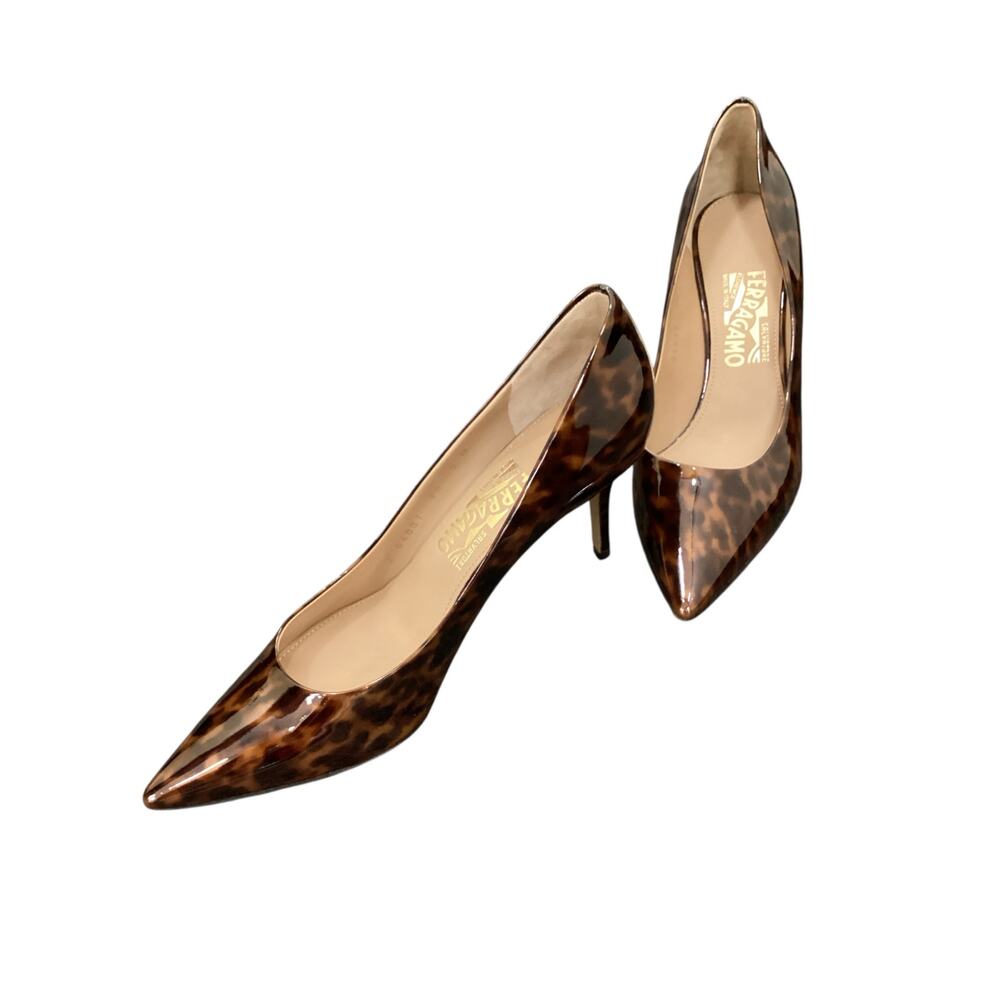 Salvatore Ferragamo Heels Women’s SZ 9 Leather With Glossy Finish Brown Tortoise - Picture 2 of 7